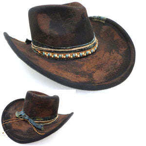 Rustic Cowgirl Fedora Hat with Feather &amp; Distressed Fabric Band