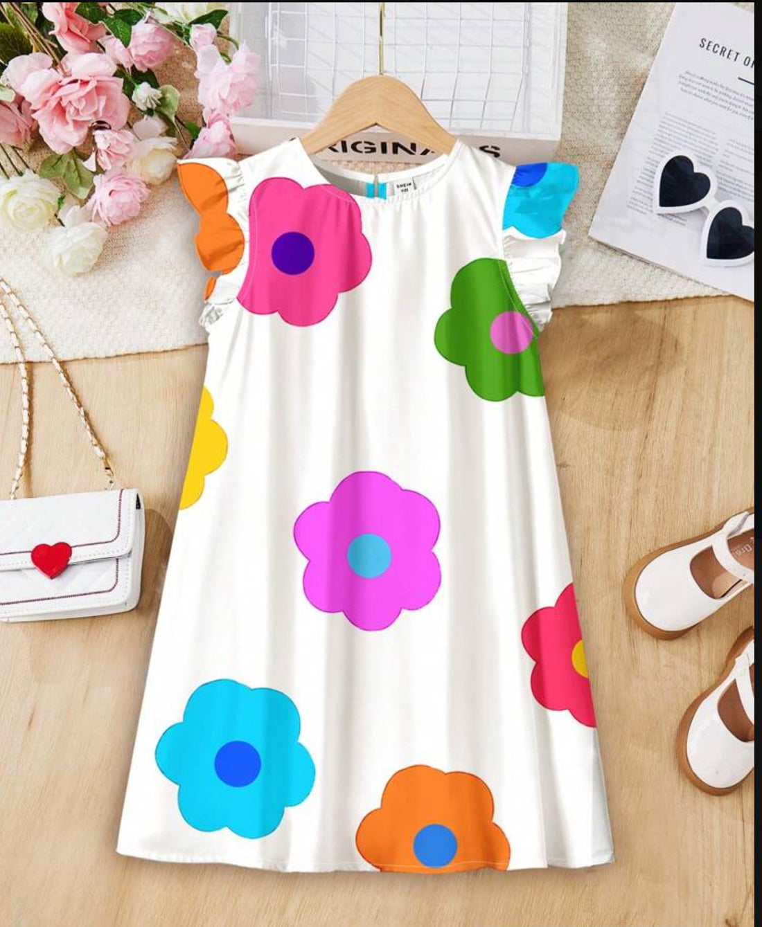 Girls Casual Flower Pattern Dress with Ruffle Trim