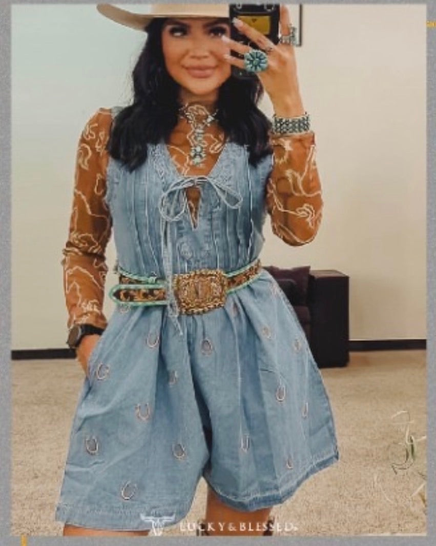 Dark Wash Front Tie Top Romper with Horseshoe Embroidery