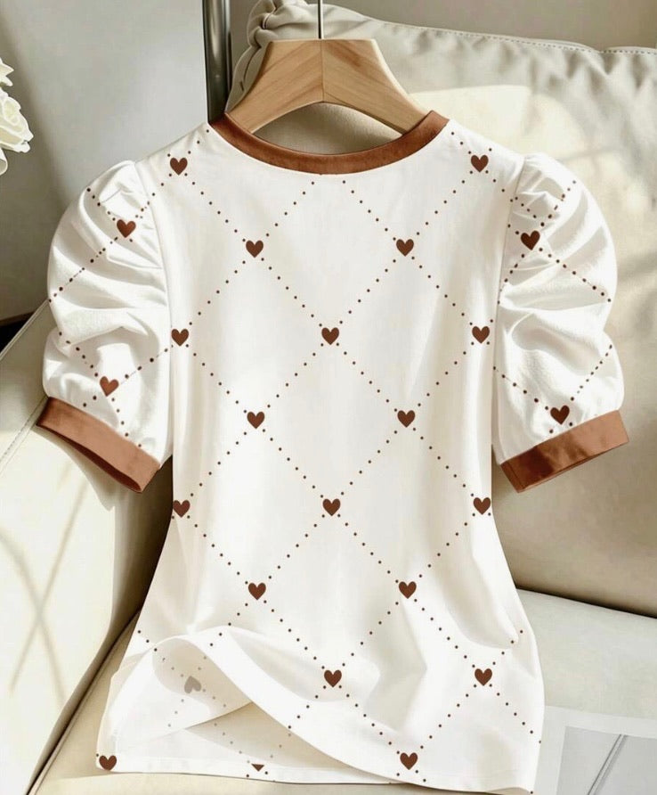 Heart and Polka Dot Puff Sleeve Top
