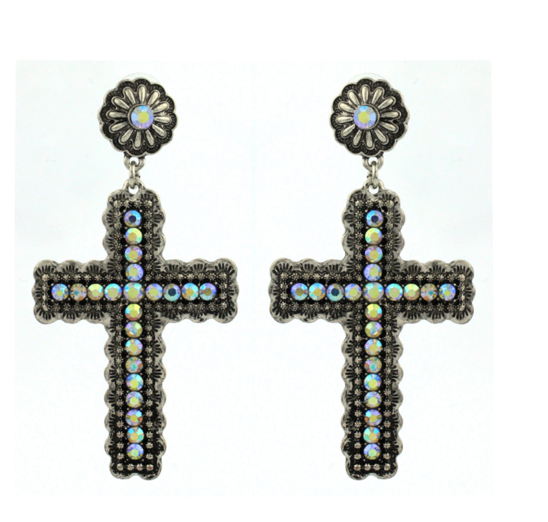 Burnished Silver Scalloped Edge Dangle Cross Earrings with Rhinestones
