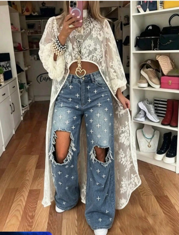 Light Wash Bohemian Jeans with Gothic Cross