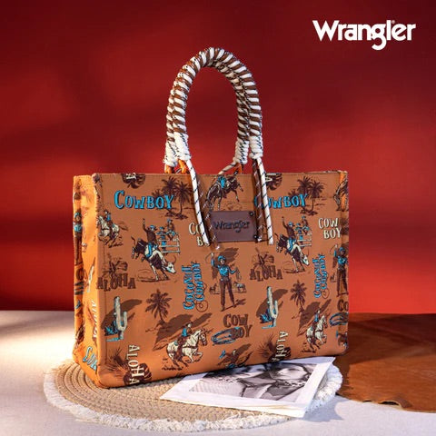 Wrangler Coconut Cowboy Print Dual Sided Canvas Tote
