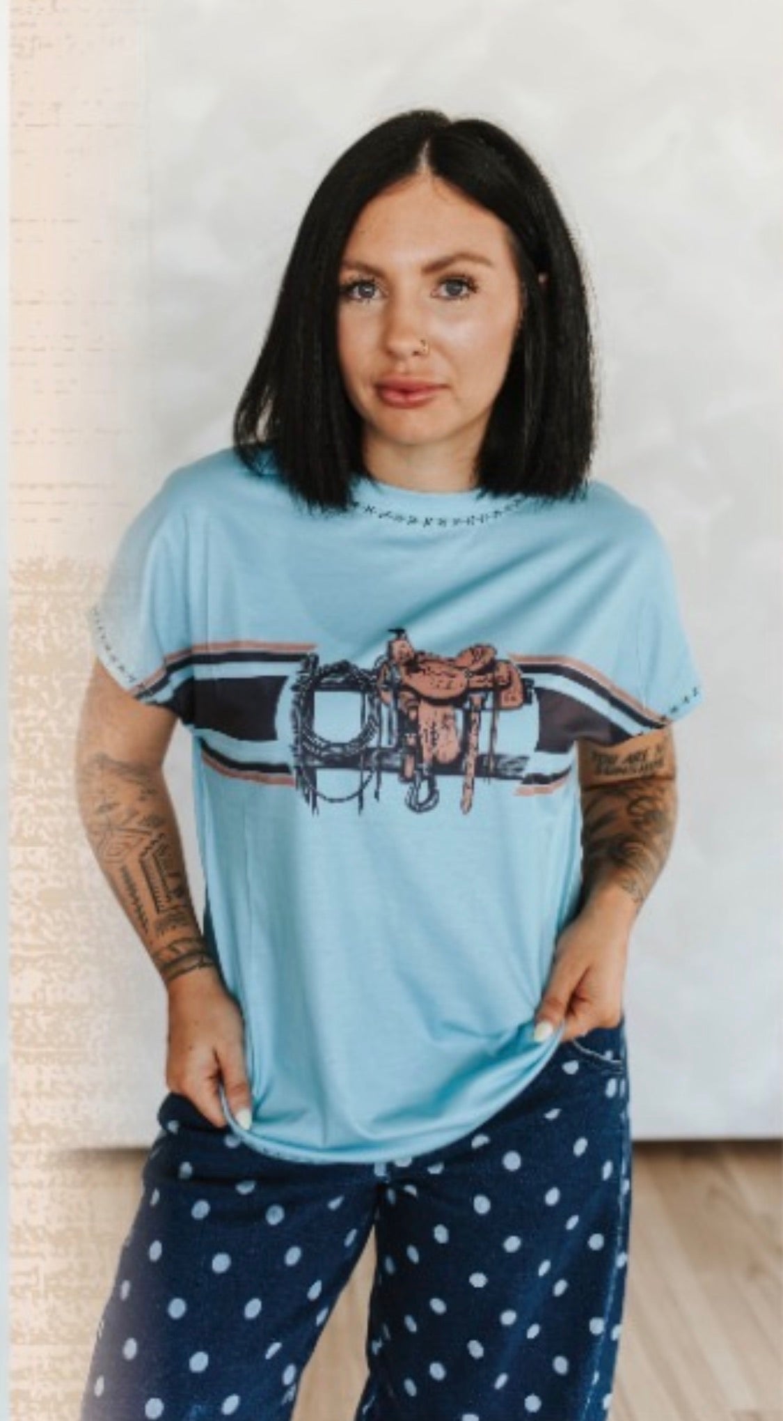 Turquoise Western Saddle Print Short Sleeve Top
