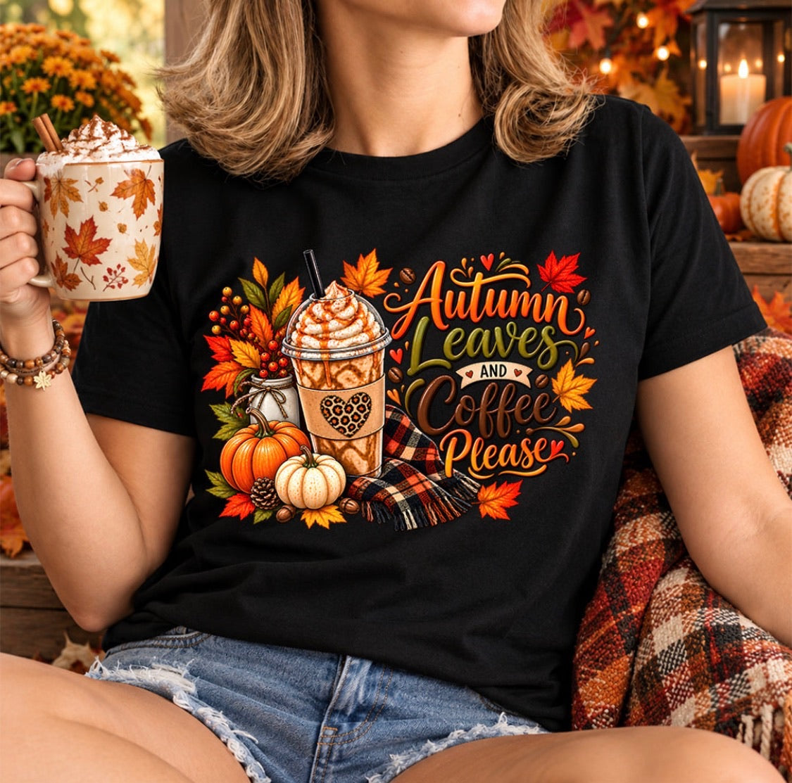 Autumn Leaves And Coffee Please Graphic Tee