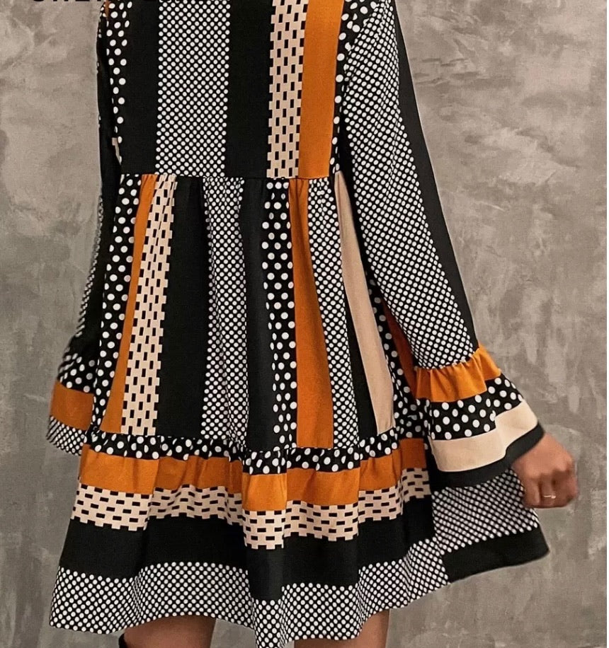 Striped and Polka Dot Ruffle Smock Dress