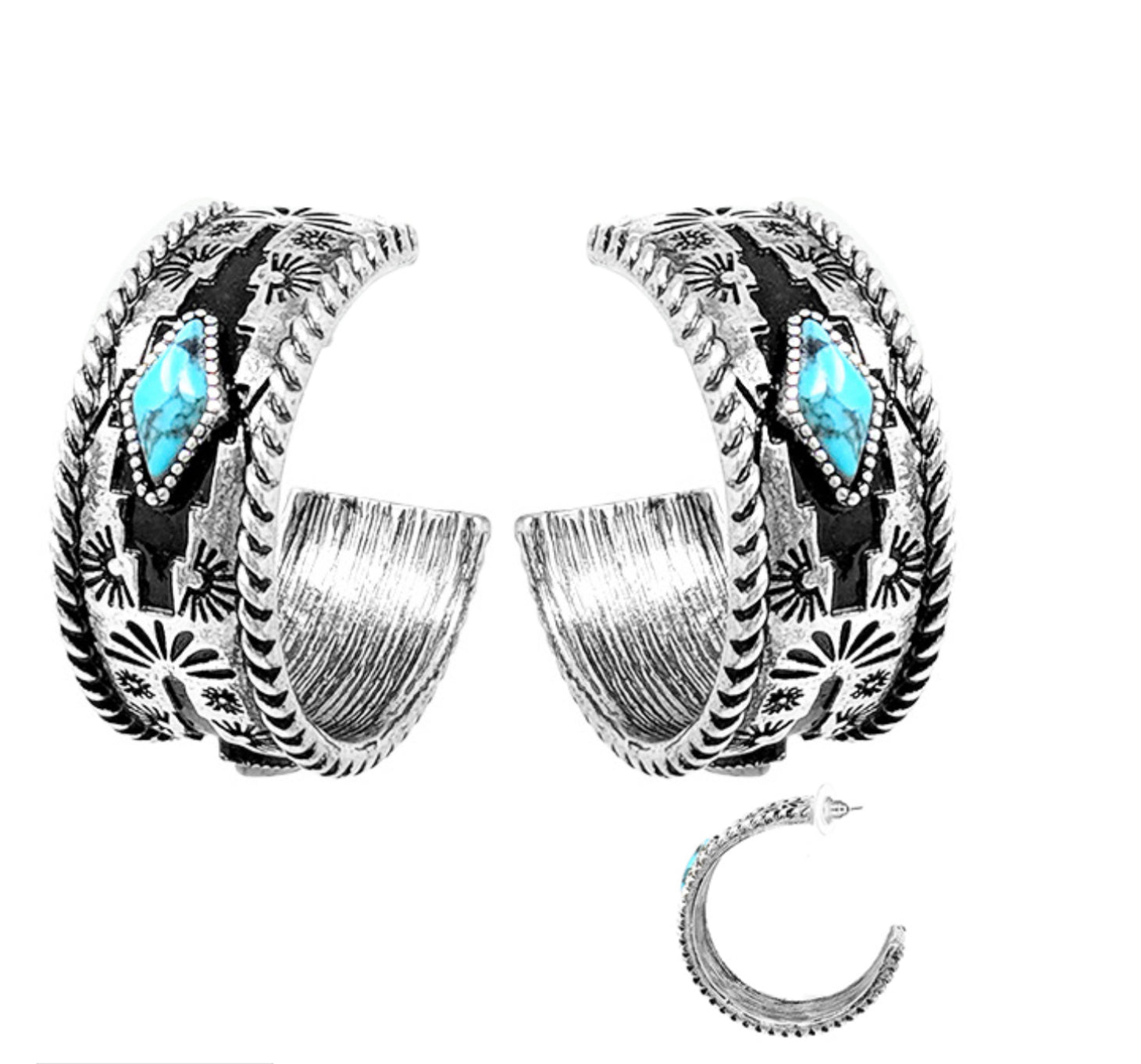 Western Hand Craft Stone Aztec Hoop Earrings