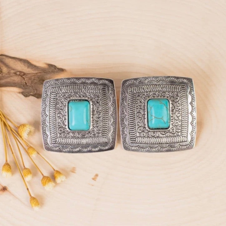 Western Style Silver and Turquoise Square Stud Earrings