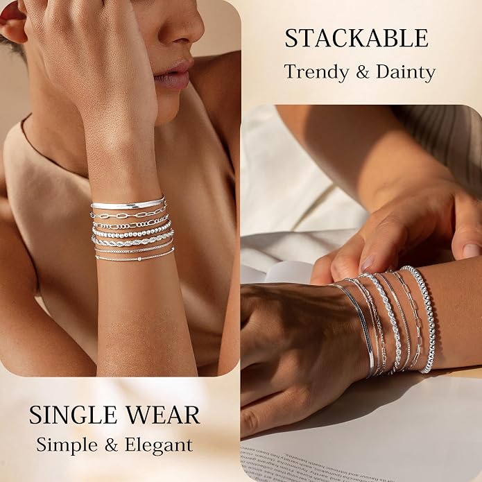 7PCS Silver Plated Bracelets for Women, Bracelet Set