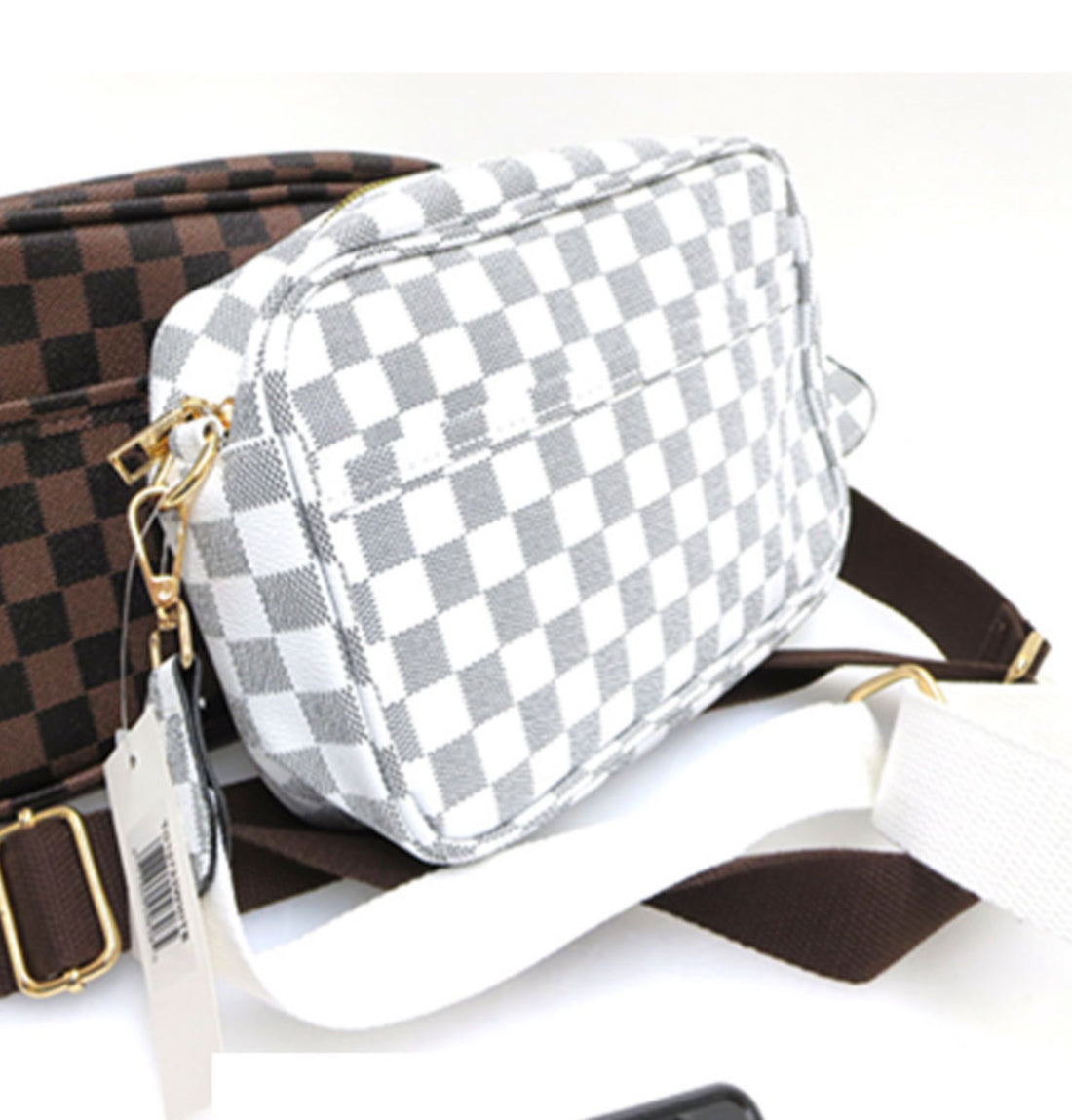 White With Black Checkered Pattern Crossbody Purse