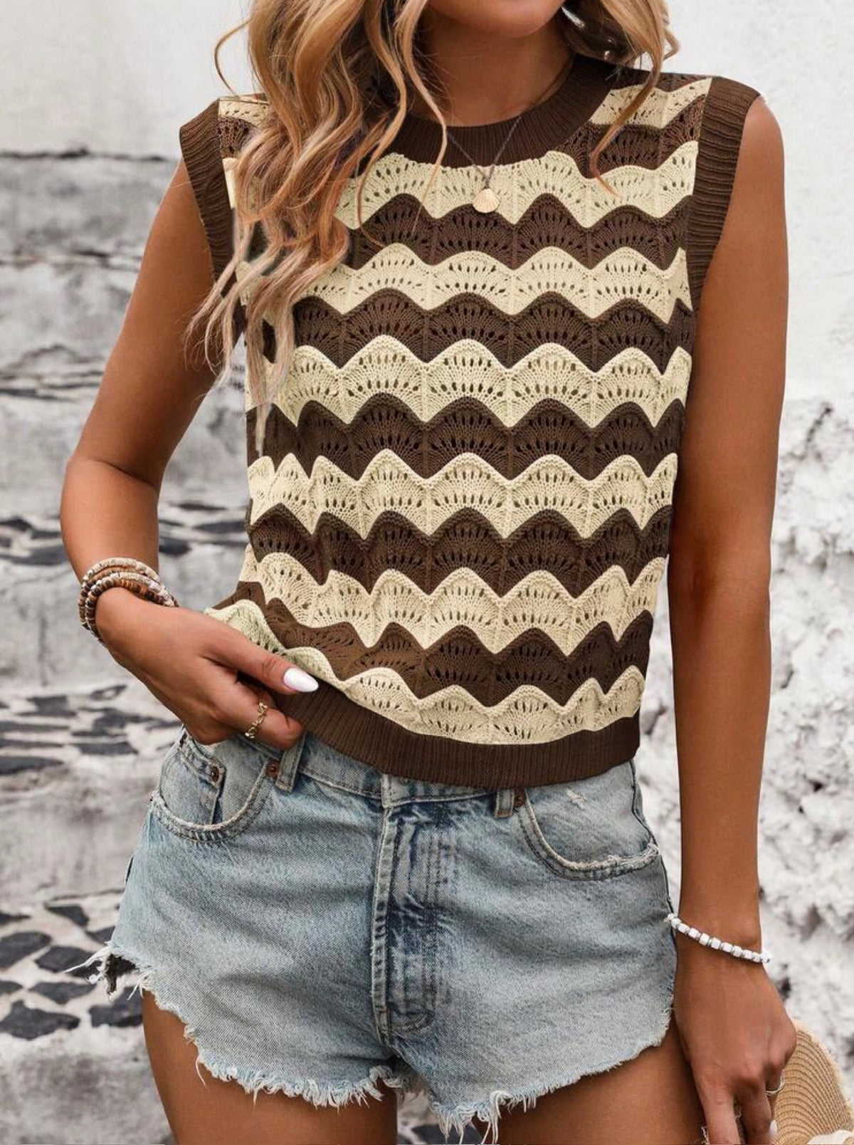 Crochet Contrast Sleeveless Sweater