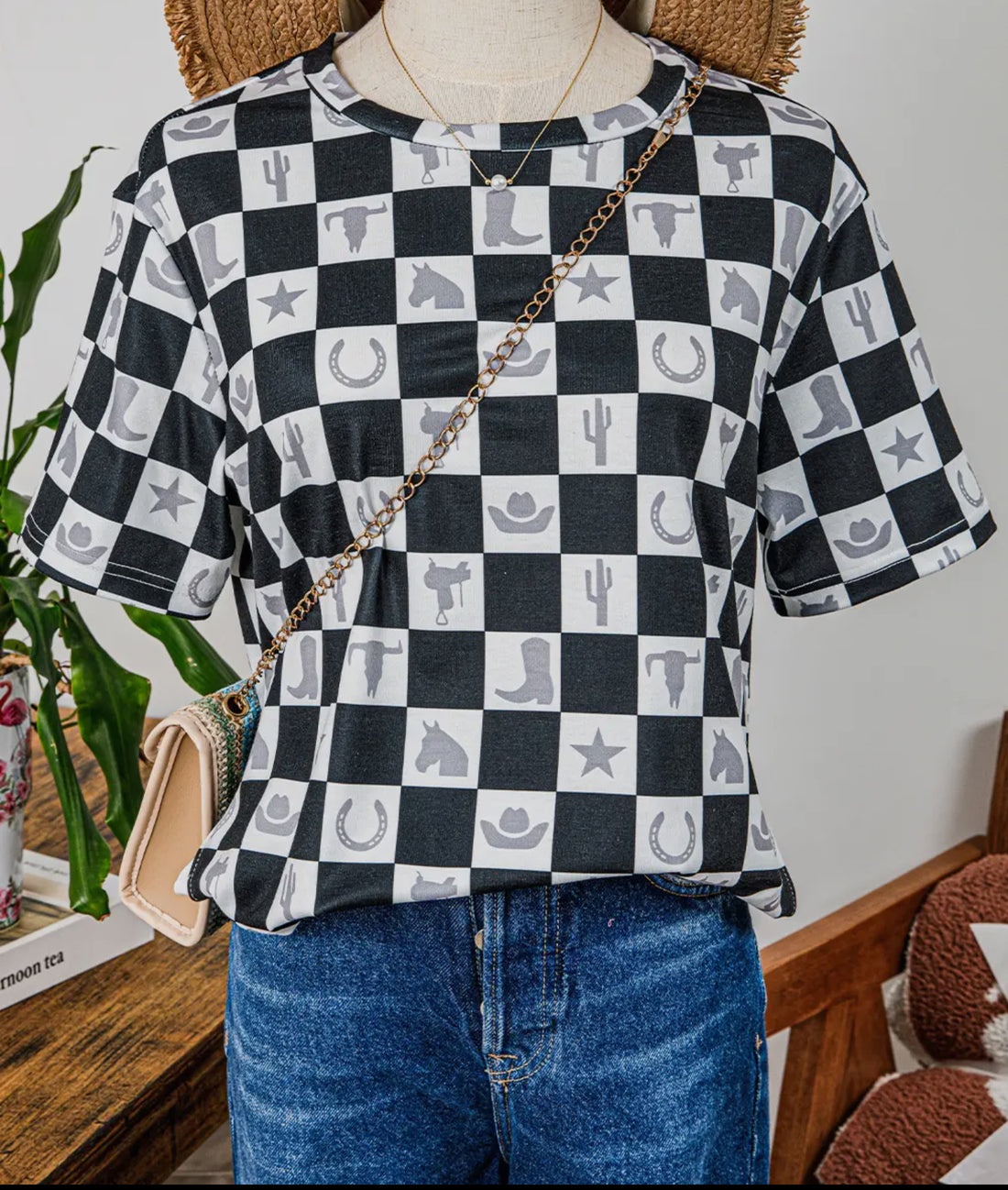 Checkerboard Western Print Side Split T-Shirt