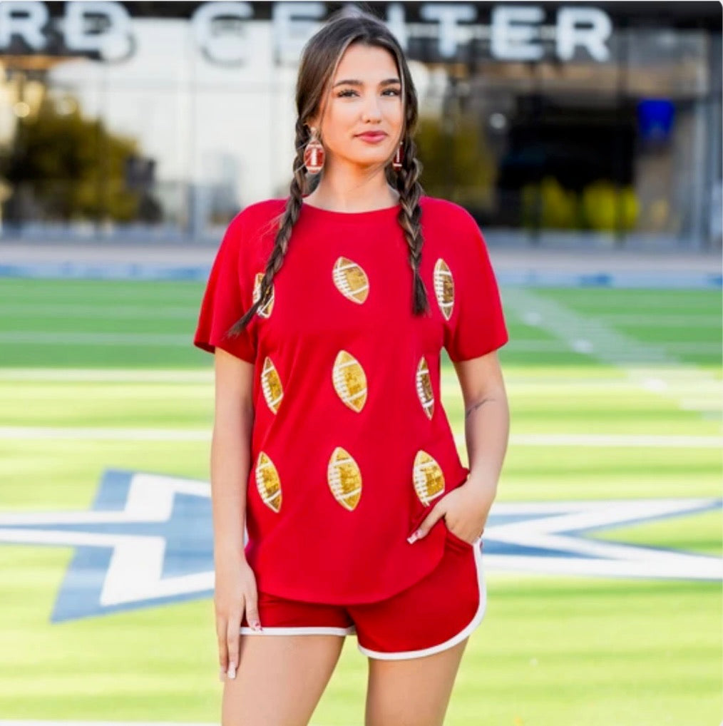Red Sequin Football Short Sleeve Top