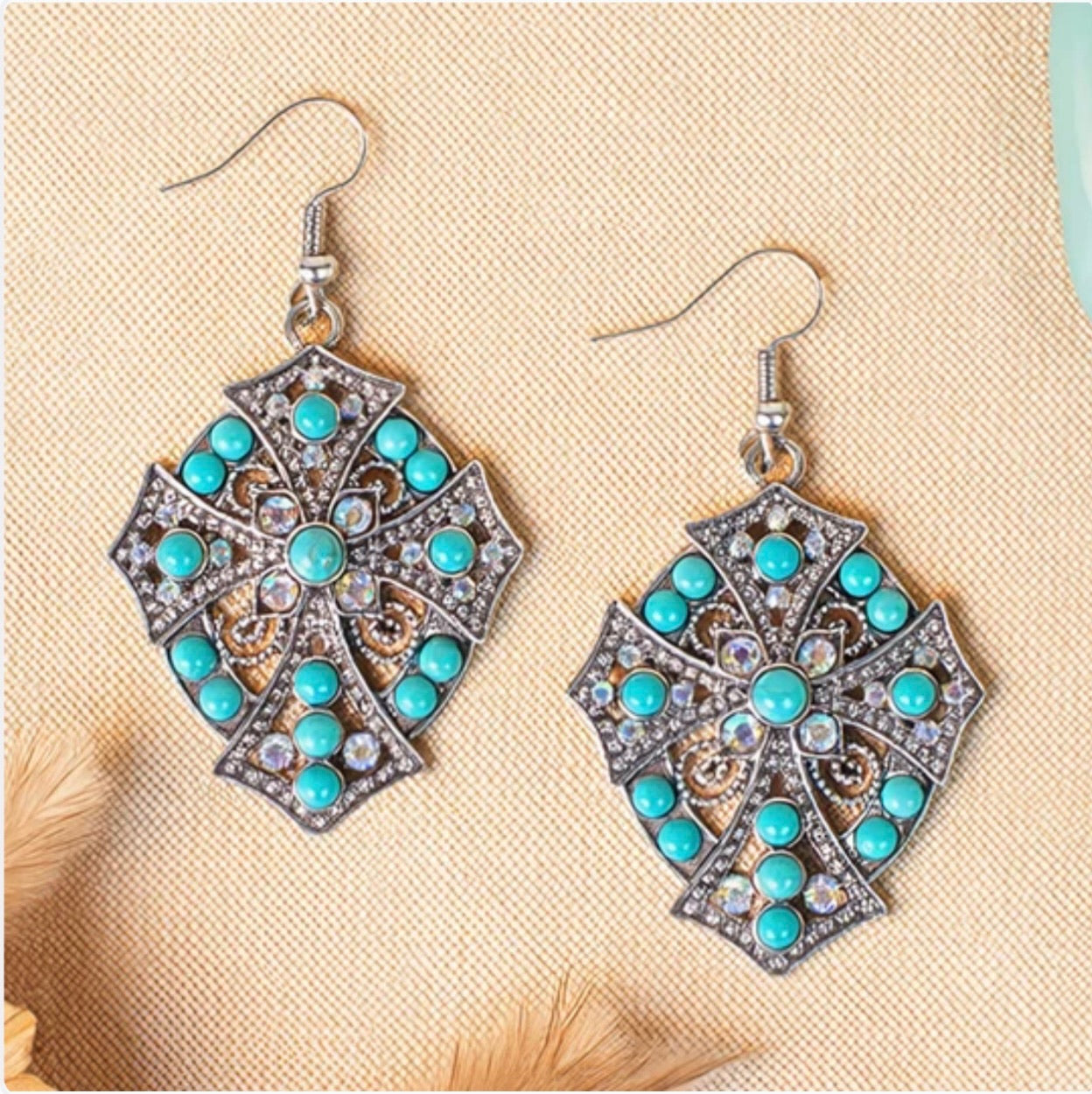 Turquoise &amp; Rhinestone Gothic Cross Dangle Earrings