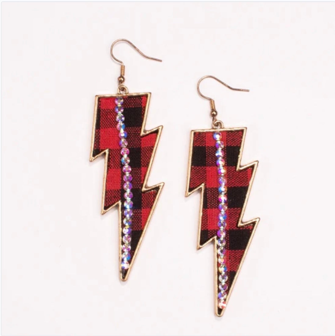Red Plaid Lightning Bolt Earrings with Rhinestones