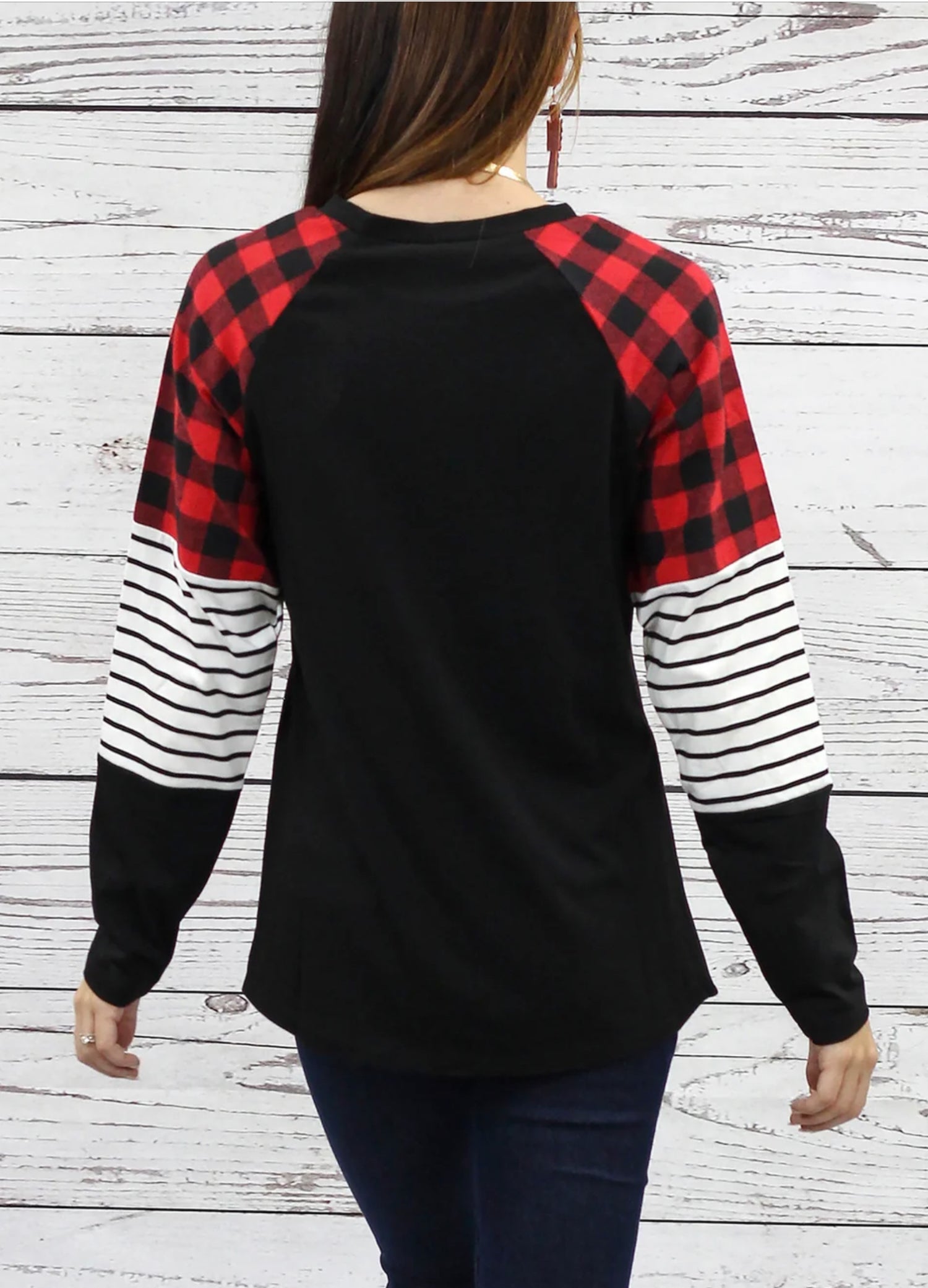 Buffalo Plaid with Strips Long Sleeve Top