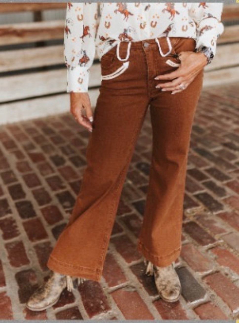 Stretch Denim Arrow Pocket Detail High Rise Wide Leg Jeans