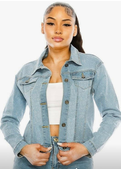 Denim Jacket with Bling Chip Rhinestone Attached