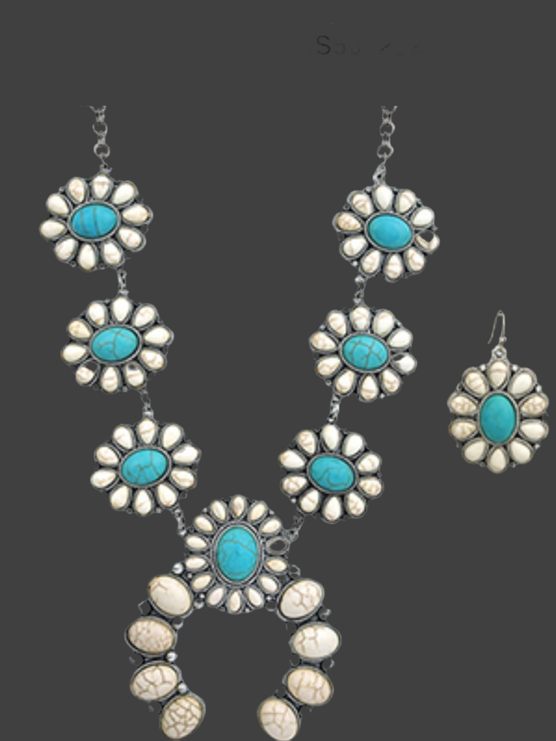 Turquoise and White Hematite Floral Squash Blossom Necklace with Matching Earrings