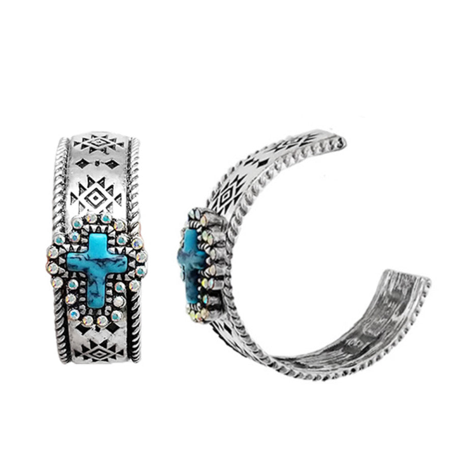 Western Hand Stone with Rhinestone and Turquoise Cross Hoop Earrings