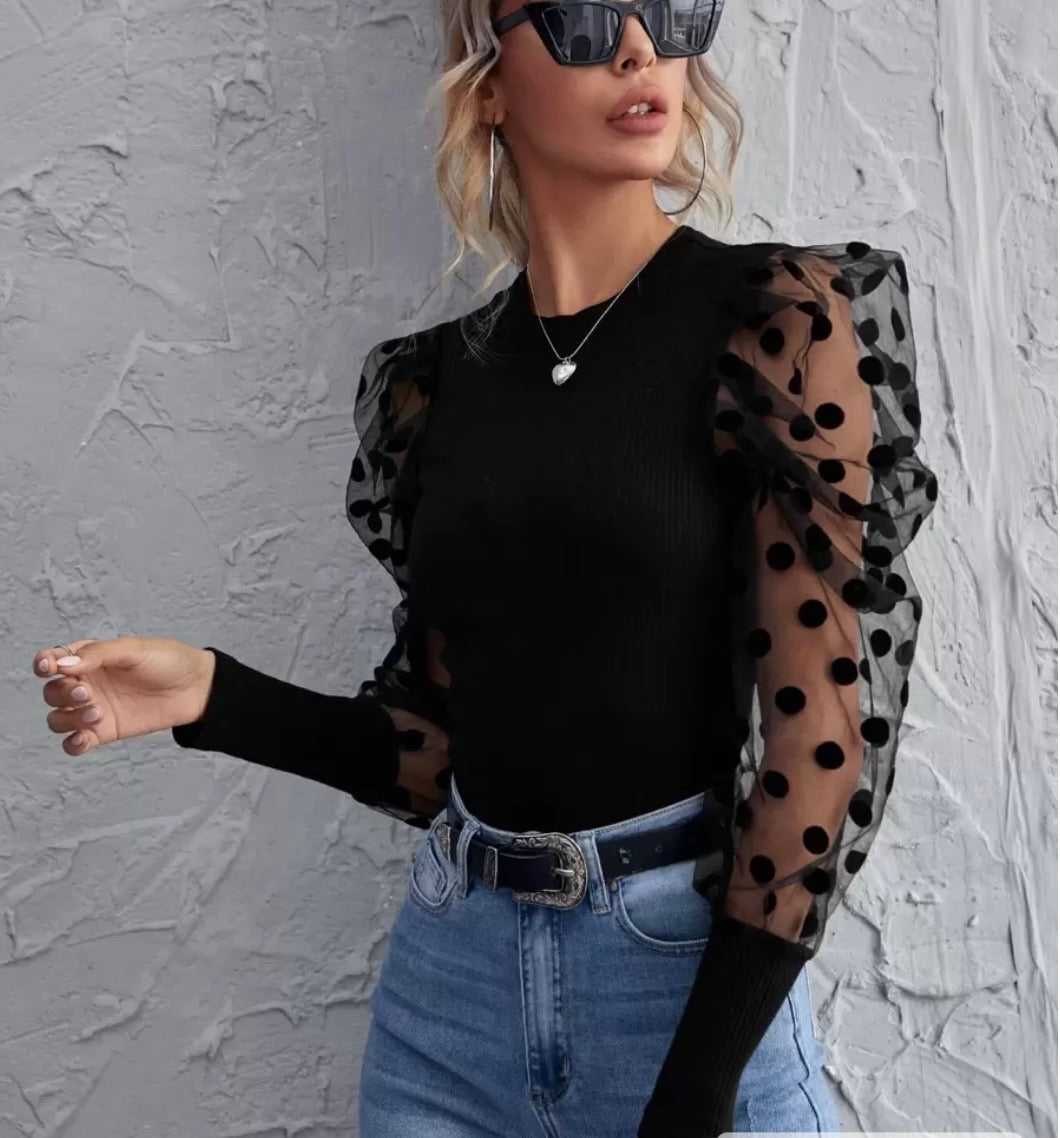 Privé Dobby Mesh Sleeve Rib-Knit Top