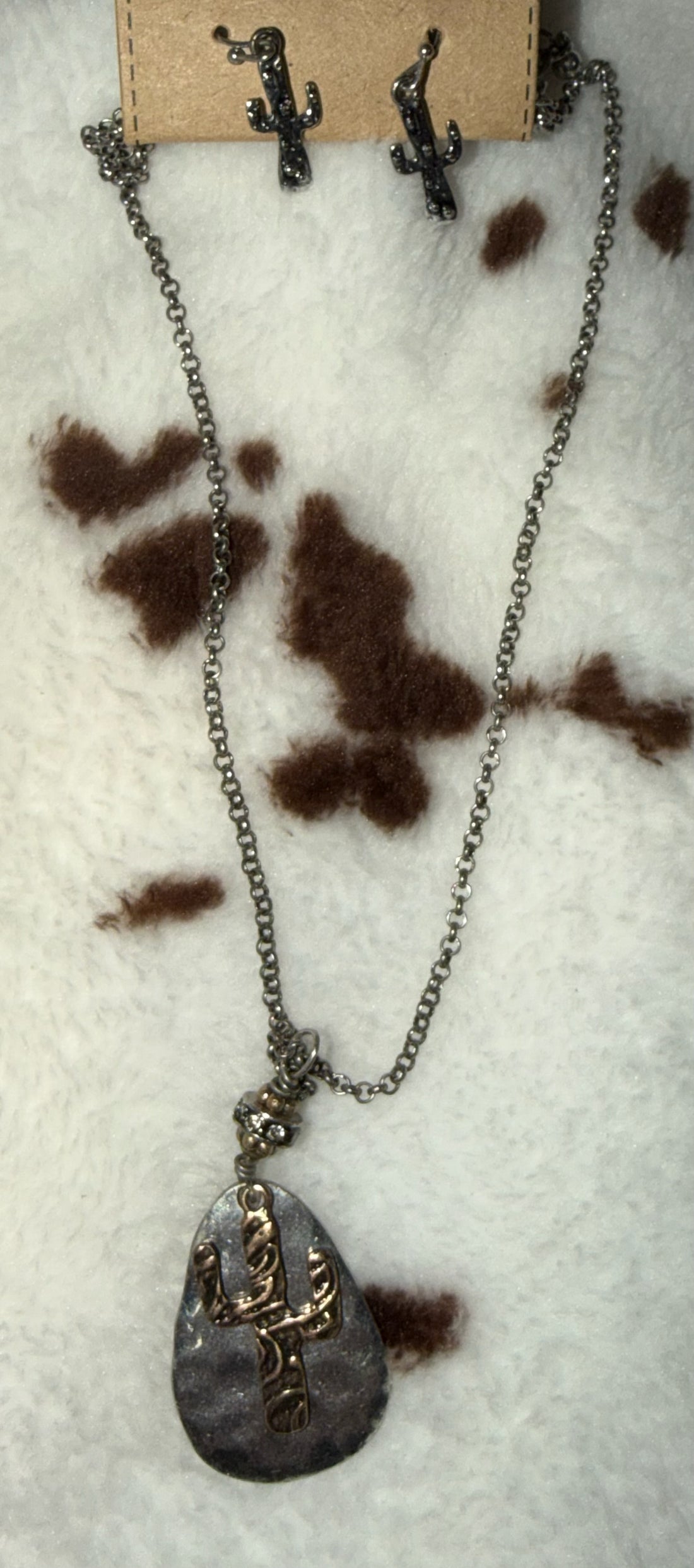 Hammered Cactus Pendant Necklace with Matching Earrings