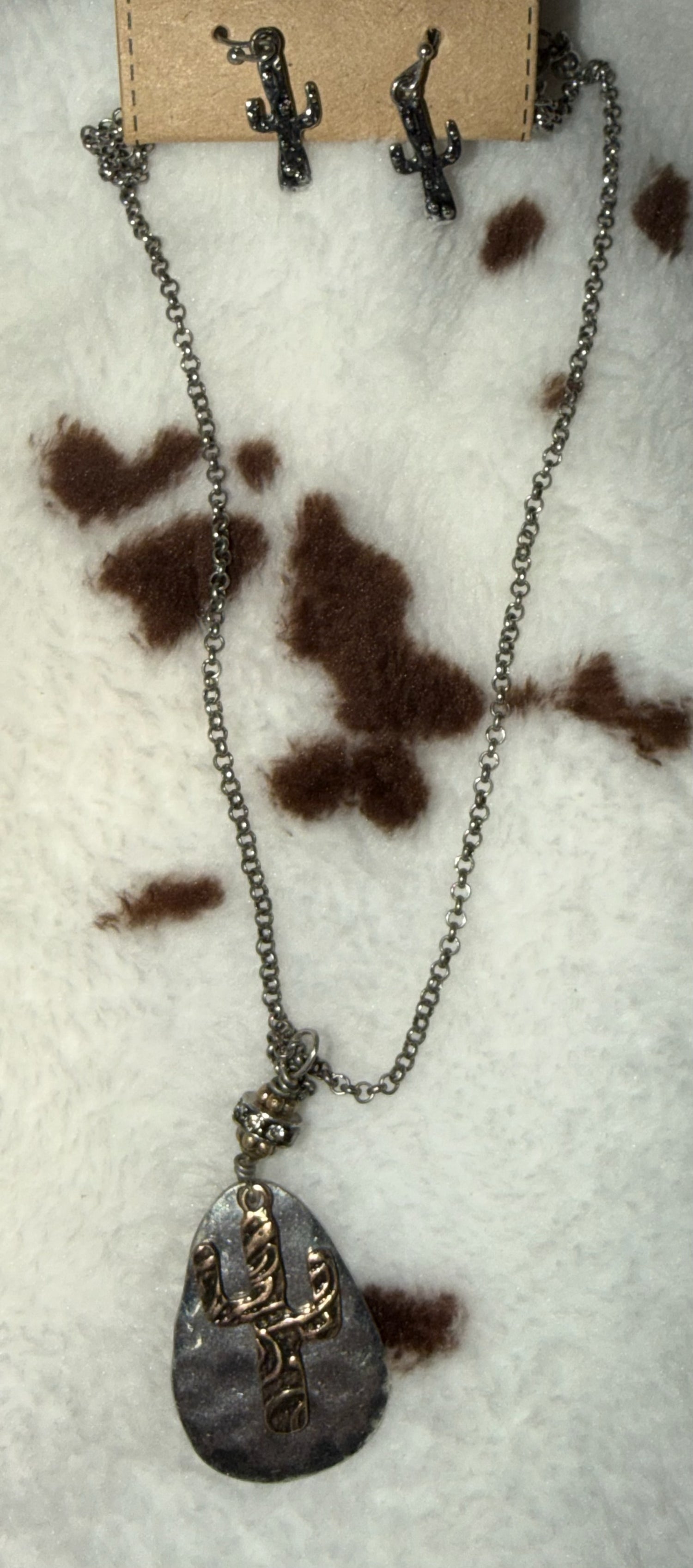 Hammered Cactus Pendant Necklace with Matching Earrings