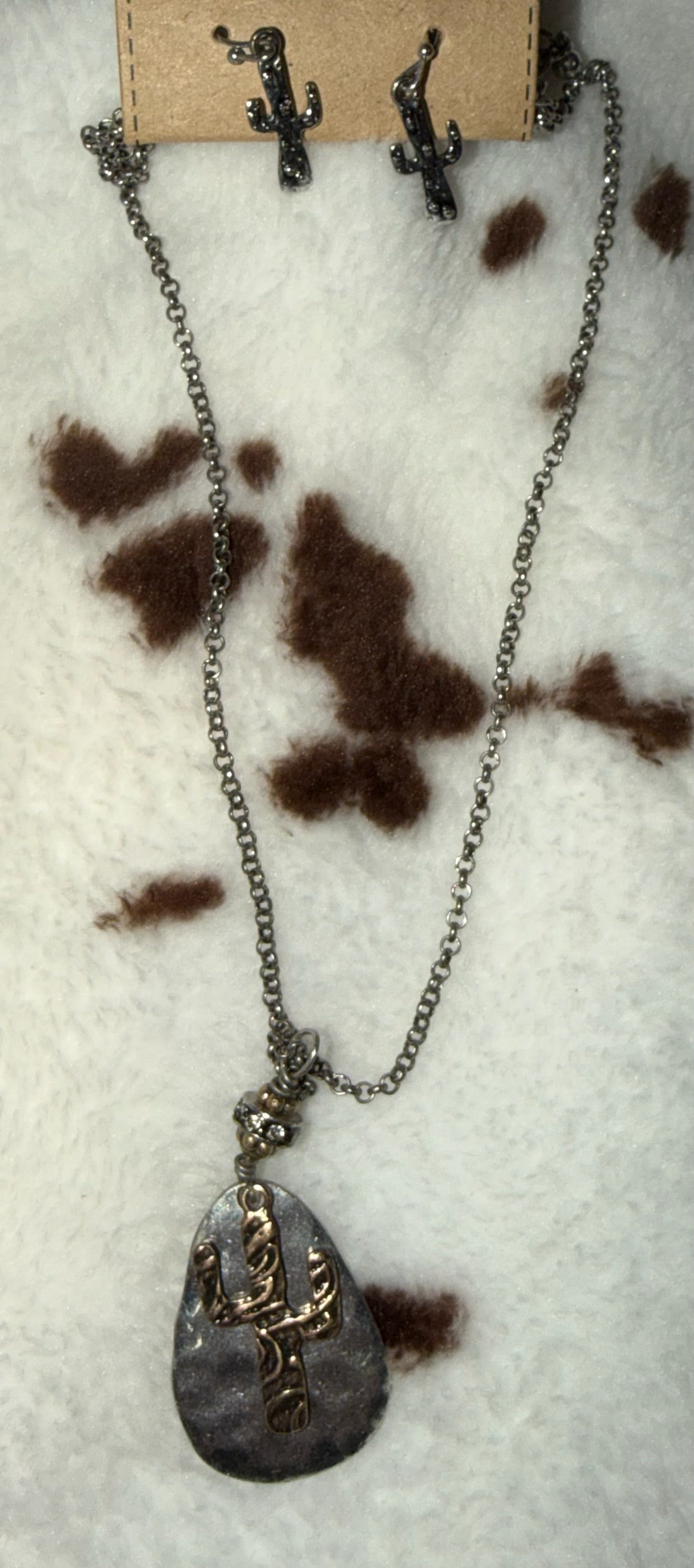 Hammered Cactus Pendant Necklace with Matching Earrings
