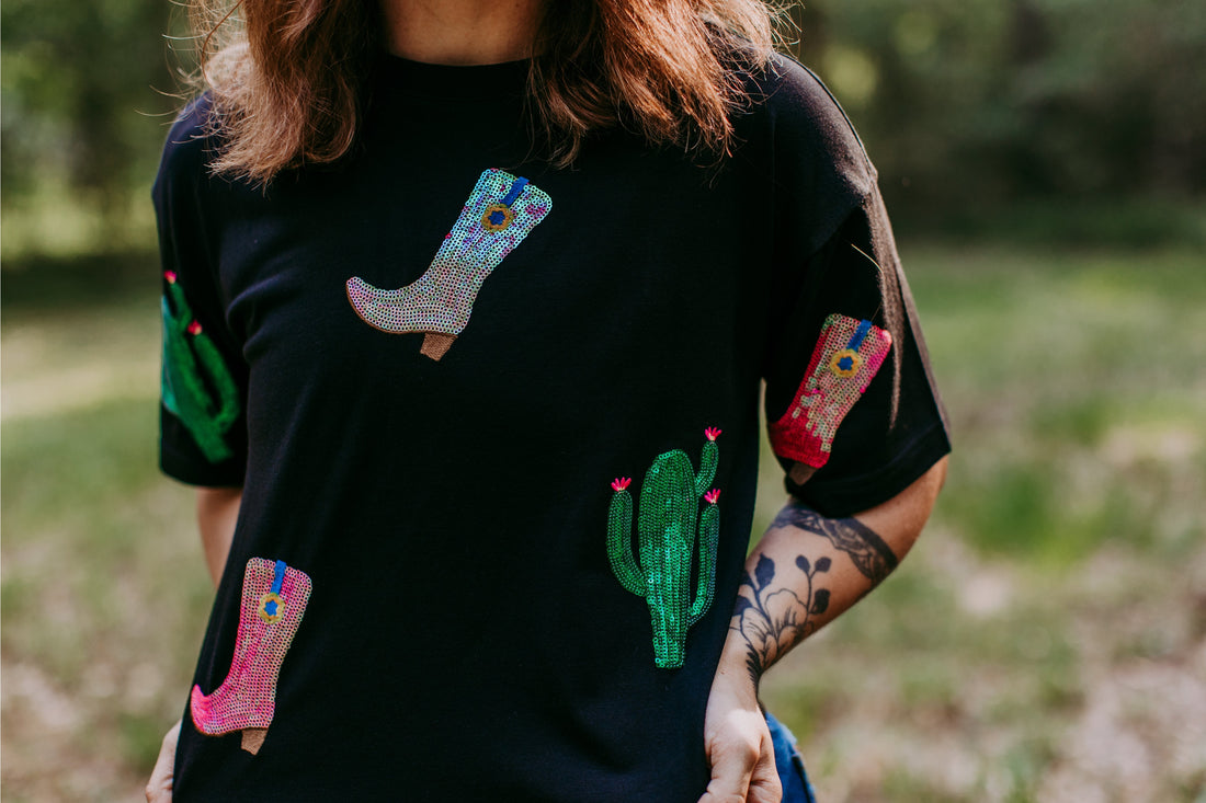 Cactus Boots Sequin Embroidery Crop Tee