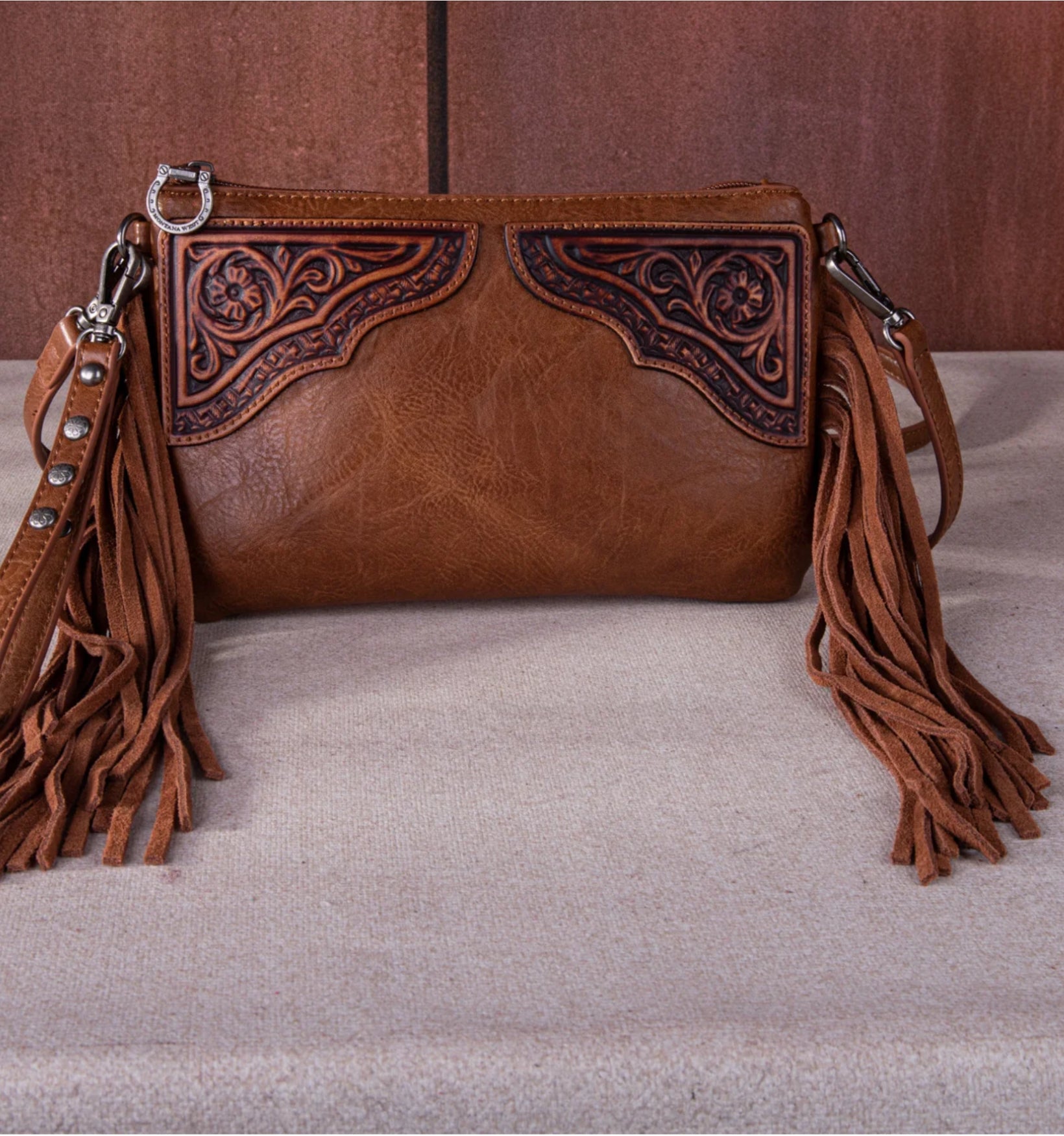 Montana West Floral Tooled Fringe Wristlet Crossbody Purse