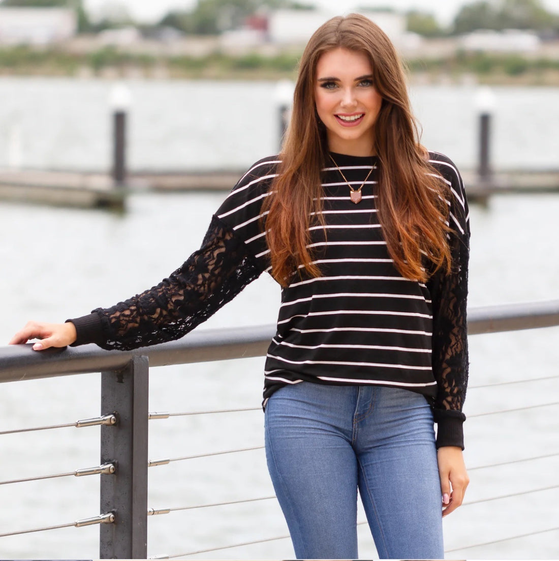 Black with White Stripe Top with Lace Long Sleeves