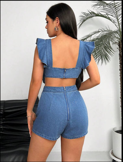 Pleated Floral Ruffle Denim Overalls