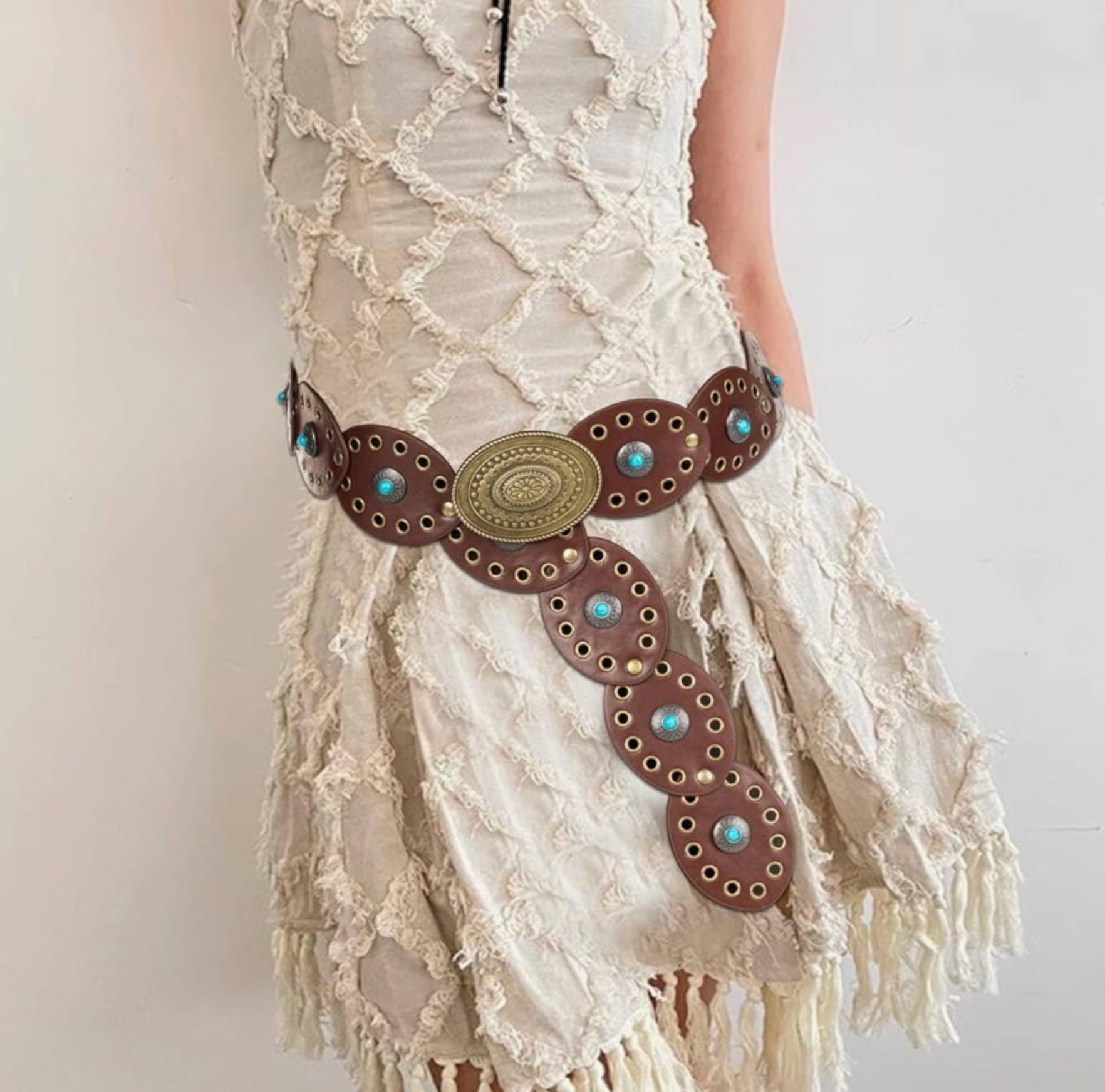 Brown &amp; Black Turquoise Leather Boho Concho Belt