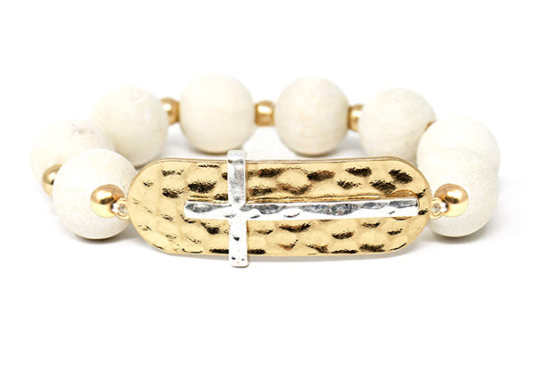 Wooden Ball, Hammered Metal Cross Stretch Bracelet