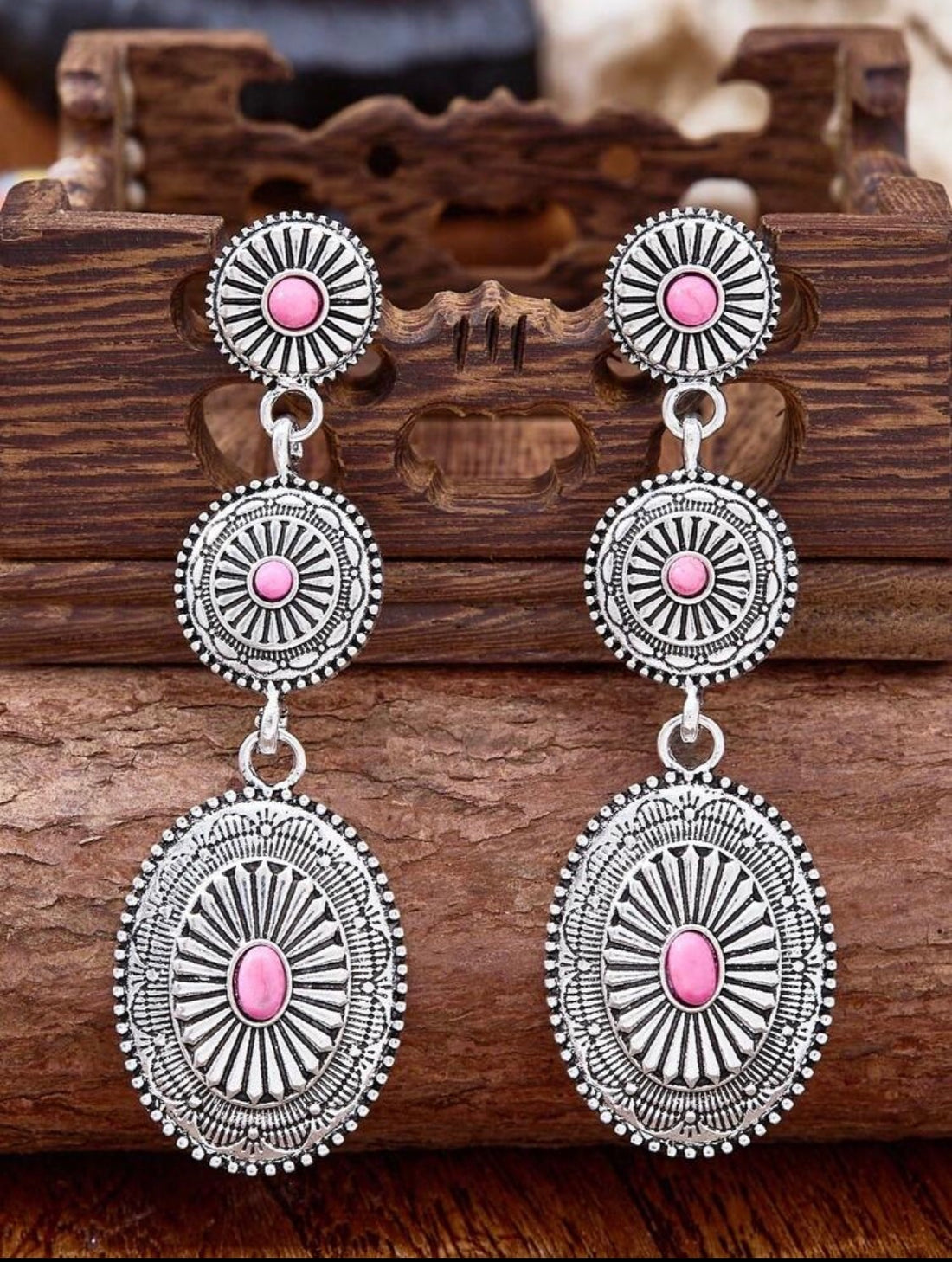 Tiered Pink Concho Dangle Earrings