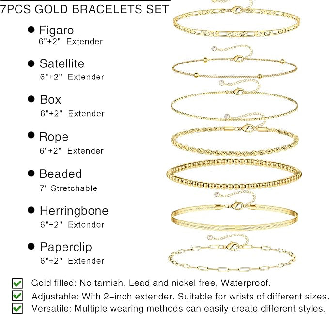 7PCS Gold Bracelets for Women, 14K Gold Plated Beaded Bracelet Set