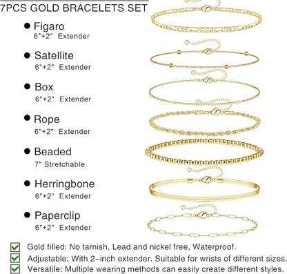 7PCS Gold Bracelets for Women, 14K Gold Plated Beaded Bracelet Set