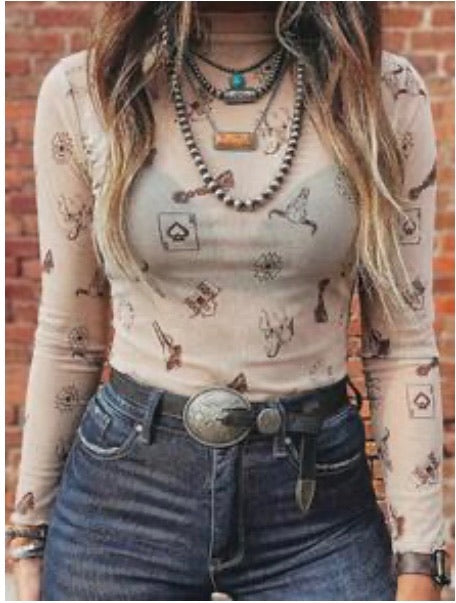Acelitt Western Denim Print Mesh Top