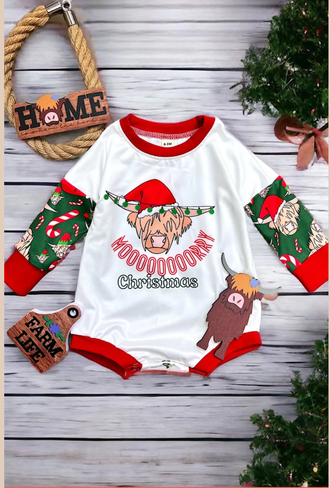 Highland Cow Printed Baby Christmas Onesie