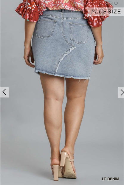 Five Pocket Non-Stretch Deconstructed Denim Skirt with Raw Hem by Umgee