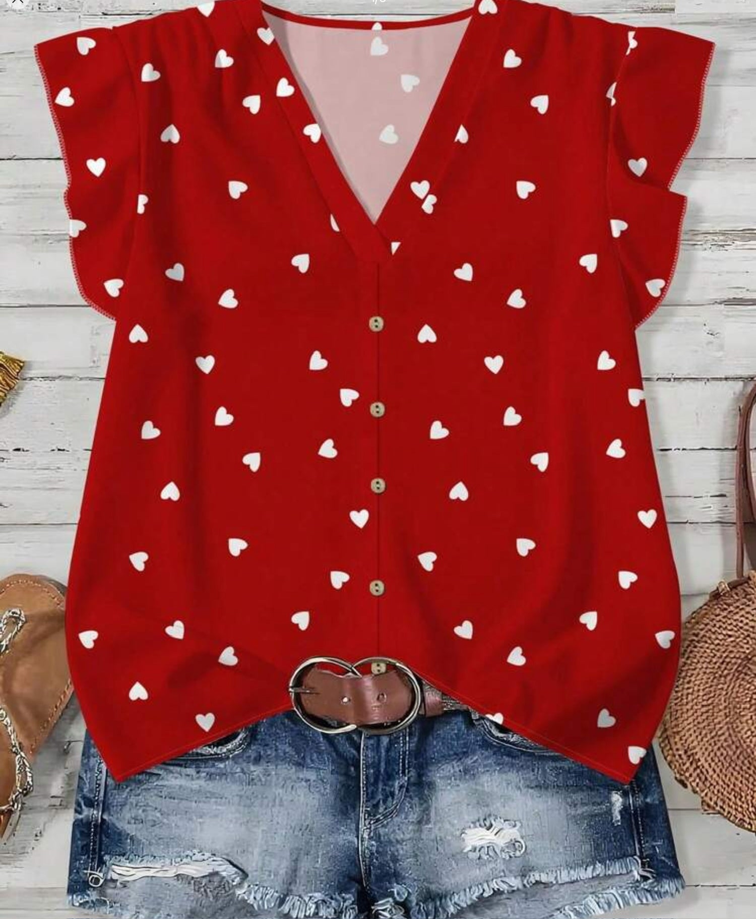 Emery Rose Heart Print V-Neck Top