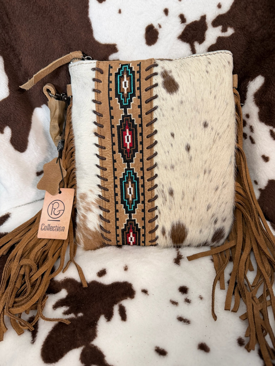 Genuine Leather Cowhide Crossbody Fringe Purse with Aztec Style