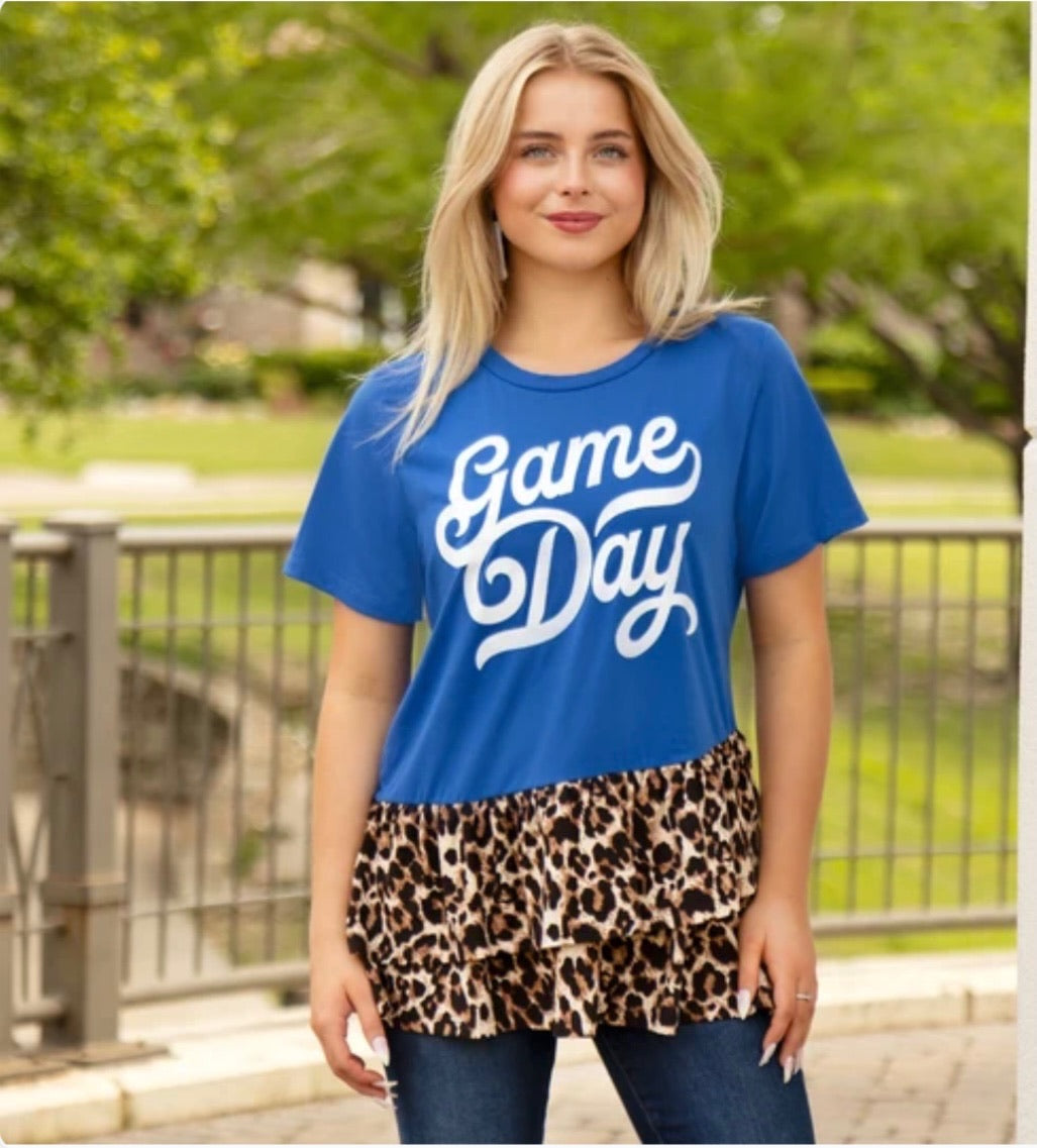 Game Day Leopard Color Block Ruffle Bottom Top