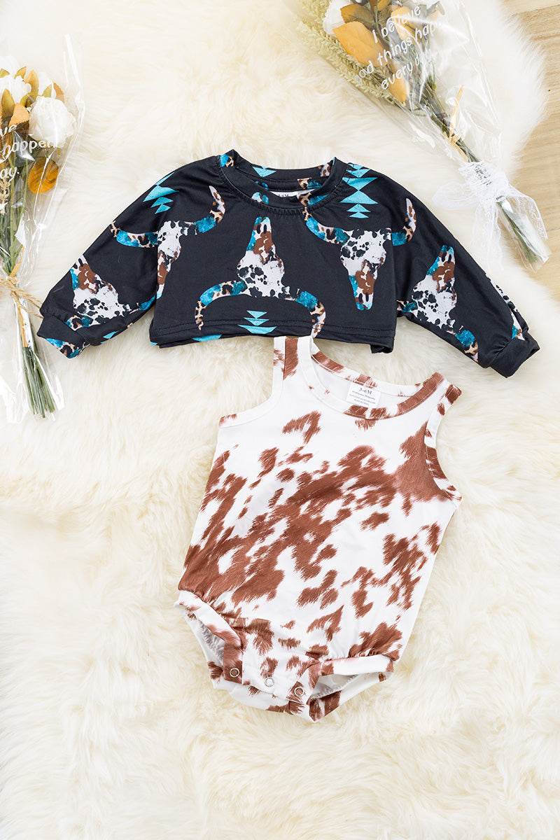 Baby Cowhide Printed Onesie with a Bull skull Printed Croptop