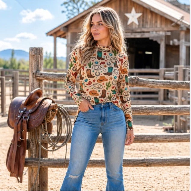 Western Print Long Sleeve Mesh Top