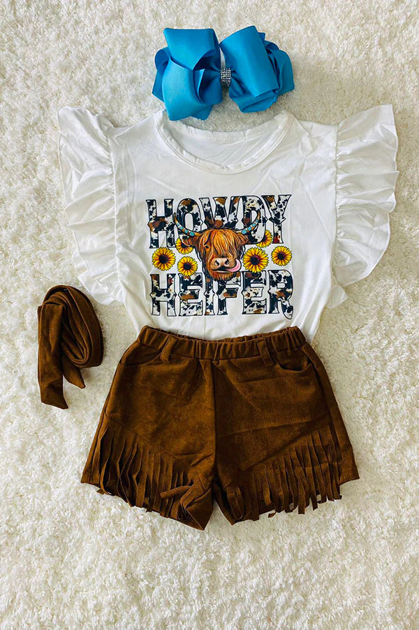 HOWDY HEFER Western Printed Top &amp; Suede Tassel Short Set