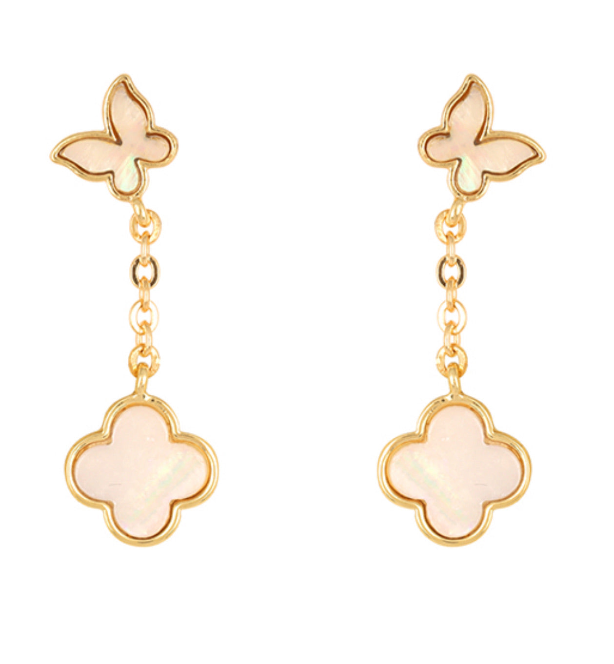 Mother of Pearl Shell Clover Butterfly Dangle Earrings