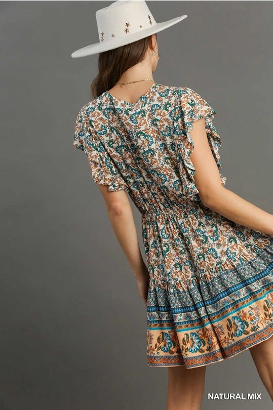 Paisley Border Print Faux Wrap Short Sleeve Dress with Ruffle Hem