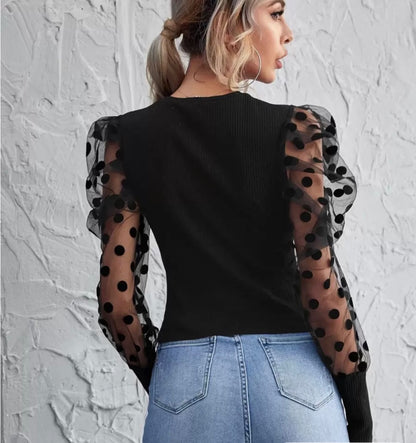 Privé Dobby Mesh Sleeve Rib-Knit Top