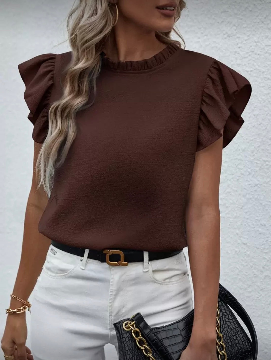 Emery Rose Frill Neck Ruffle Trim Blouse